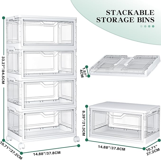 Kmiectse Clear Storage Bins with Lids - 4 Tier Plastic Bins with Wheels, Stackable Storage Bin, Closet Organizers Box for Bed