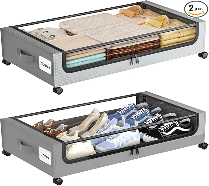 Under Bed Storage with Wheels,XXL 60L Under Bed Storage Containers with Clear Lids, Rolling Under Bed Metal Drawer for Clothe