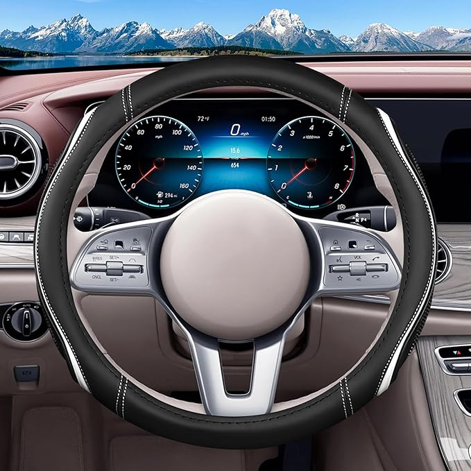 Leather Splicing Black White Car Steering Wheel Cover,14.5-15 Inch Universal Microfiber Leather Covers Breathable Anti-Slip O