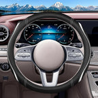 Leather Splicing Black White Car Steering Wheel Cover,14.5-15 Inch Universal Microfiber Leather Covers Breathable Anti-Slip O