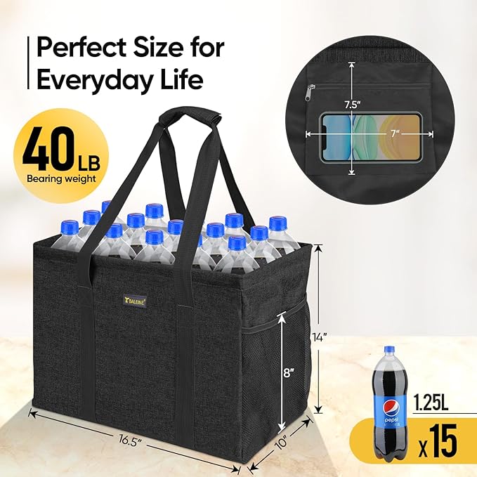 BALEINE Extra Large Utility Tote Bag with Reinforced Wire Frame, Reusable Grocery Bag for Shopping, Picnic (Black, 16.5''x14''x10'')