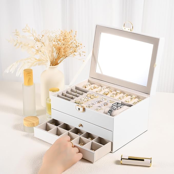 3 Layer Jewelry Boxes for Women with Mirror Large Jewelry Organizer Box with 2 Jewelry Organizer Drawer PU Lockable Elegant U