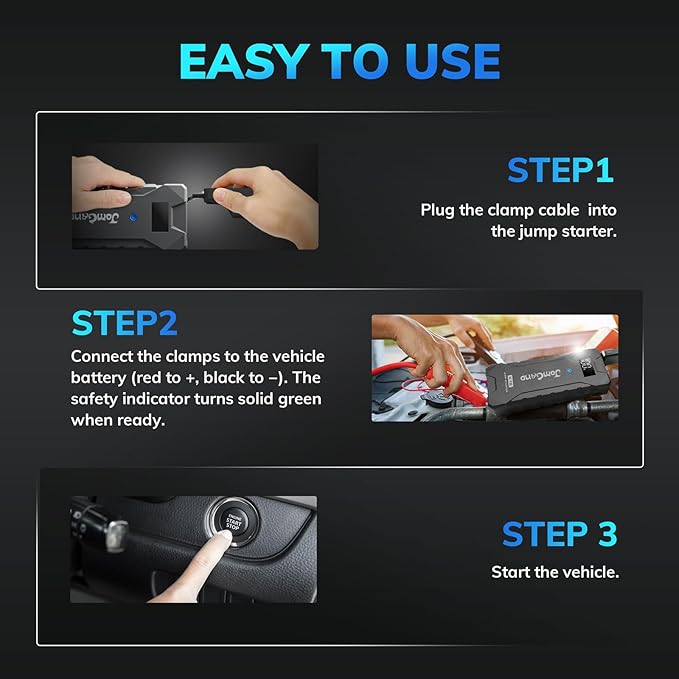 K15 Extremely Safe Jump Starter, 2500A Car Battery Jump Starter for Up to 8.0L Gas & 6.0L Diesel Engines, 12V Portable Jump Box with Jumper Cable, USB Charge, and 3 Mode Flashlight