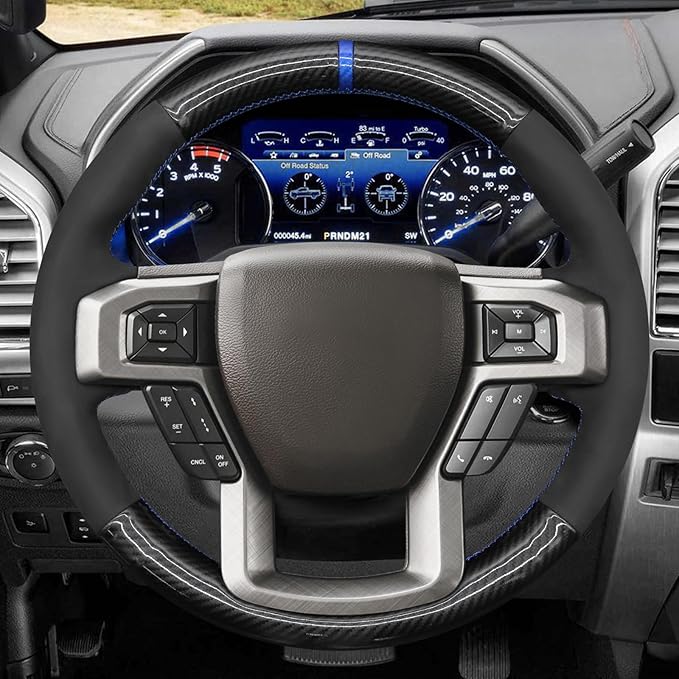 MEWANT DIY Black Athsuede Shiny PU Carbon Fiber Steering Wheel Cover for Ford F150 F250 F350 F450 Expedition 2018-2021