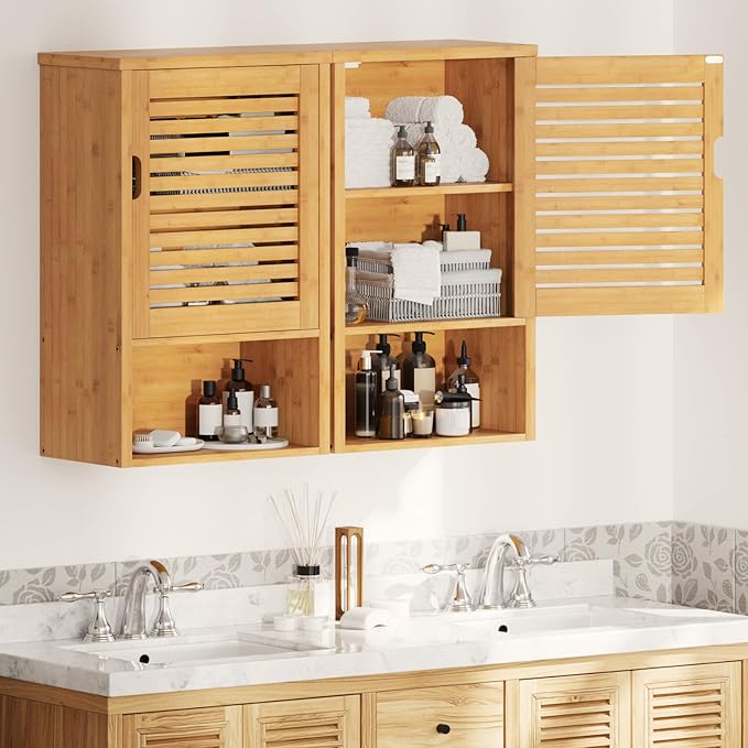 VIAGDO Bathroom Wall Cabinet, Wooden Medicine Cabinet with Single Door and Adjustable Inner Shelf, Bamboo Storage Cabinet Wal
