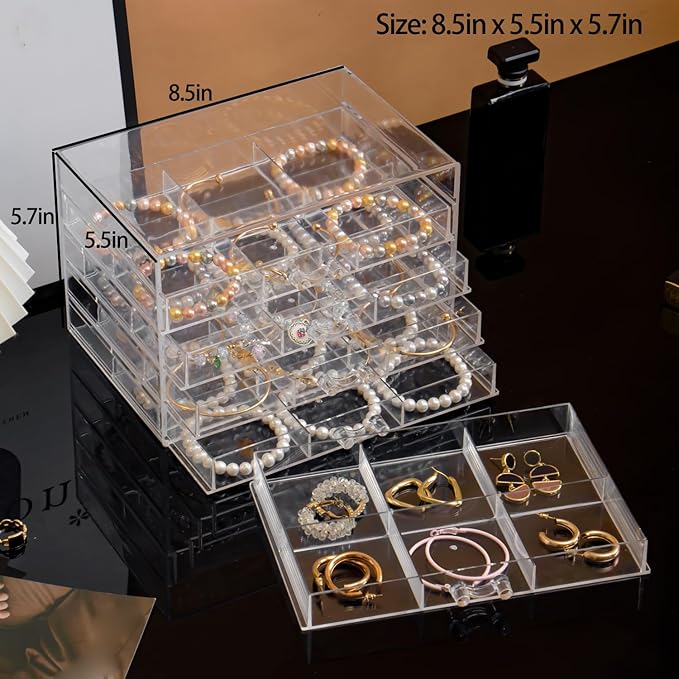 SPAKOWN Earring Organizer, Acrylic Earring Box Large 30 Compartments Jewelry Holder Organizer with 5 Drawers Stackable Earrin