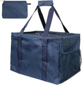 Extra Large Utility Tote Bag - Oversized Collapsible Tote with Wire Frame, Durable Reusable for Beach, Groceries, Laundry, Car Trunk, Storage and Travel - Includes 5x7 Bag with Hook - Navy Blue