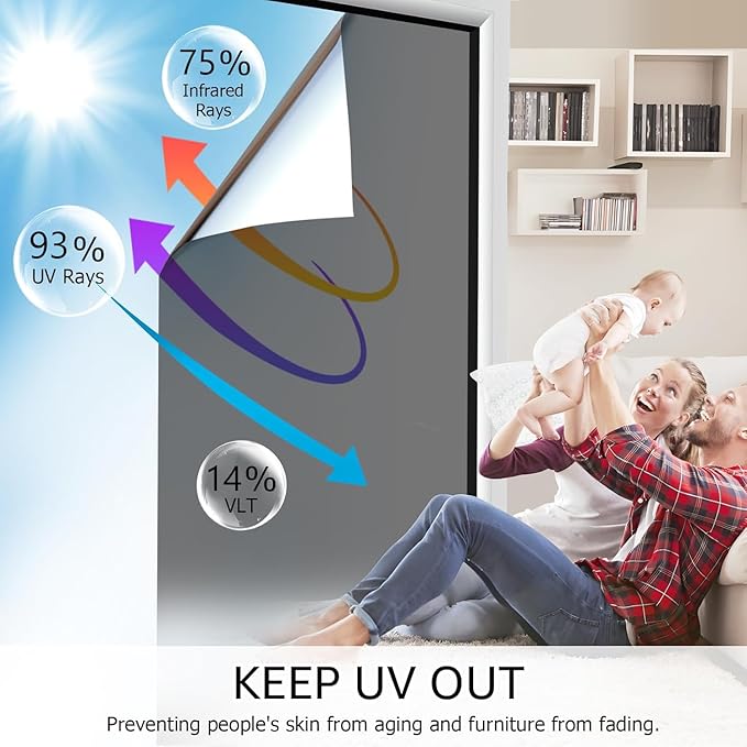 HIDBEA One Way Window Film, Daytime Privacy Sun Blocking Reflective Window Film No Glue Static Cling Heat Control Window Tinting Film for Home and Office, Black Silver, 23.6 x 78.7 Inch