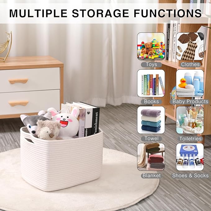 ICERZCZ Storage Baskets for Organizing Shelves, Woven Cotton Rope Bins for Baby Nursery Organization, Book Toy Towel Organize