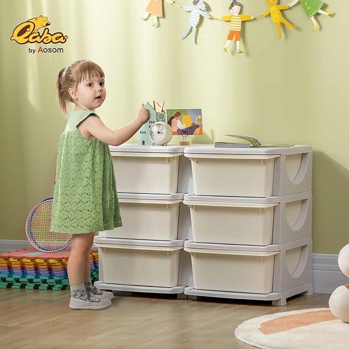 Qaba 3 Tier Kids Storage Unit, Toy Organizers and Storage with 6 Drawer Chest for Kids Bedroom Nursery Kindergarten Living Ro