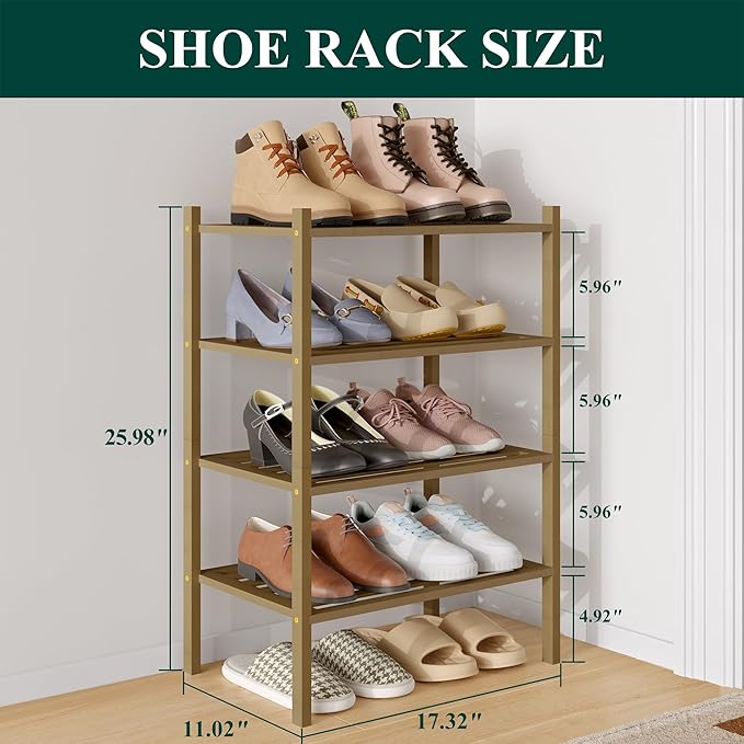 Smiry Small Bamboo Shoe Rack 4-Tier, Stackable Wooden Shoe Organizer for Entryway & Closet, Free Standing Wood Shoe Storage S