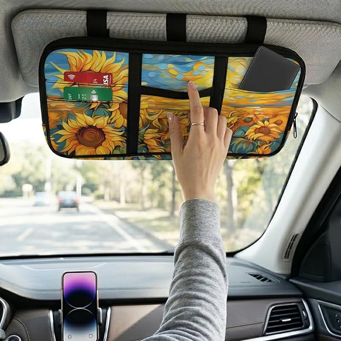 Sunflower Sun Visor Organizer Car Sunvisor Organizers Multi-pocket Visor Organizer Storage Pouch for Cars, Suvs & Trucks with Zippers Vehicle Accessories for Document, Card, Pen