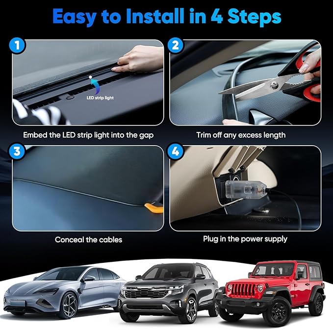 LED Strip Lights for Car Windshield 59in, RGB Ambient Lighting Car Interior with Noise Reduction, 16 Million Colors, Music Mode and Smart Control Car LED Lights Interior