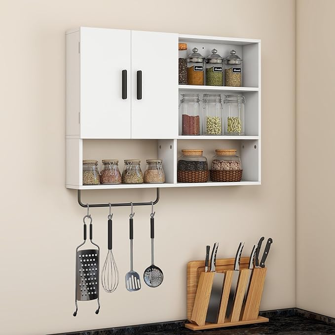 Medicine Cabinet, Wooden Bathroom Wall Cabinet with 2 Doors, Adjustable Shelves & Towel Bar, Over Toilet Storage Cabinet Wall