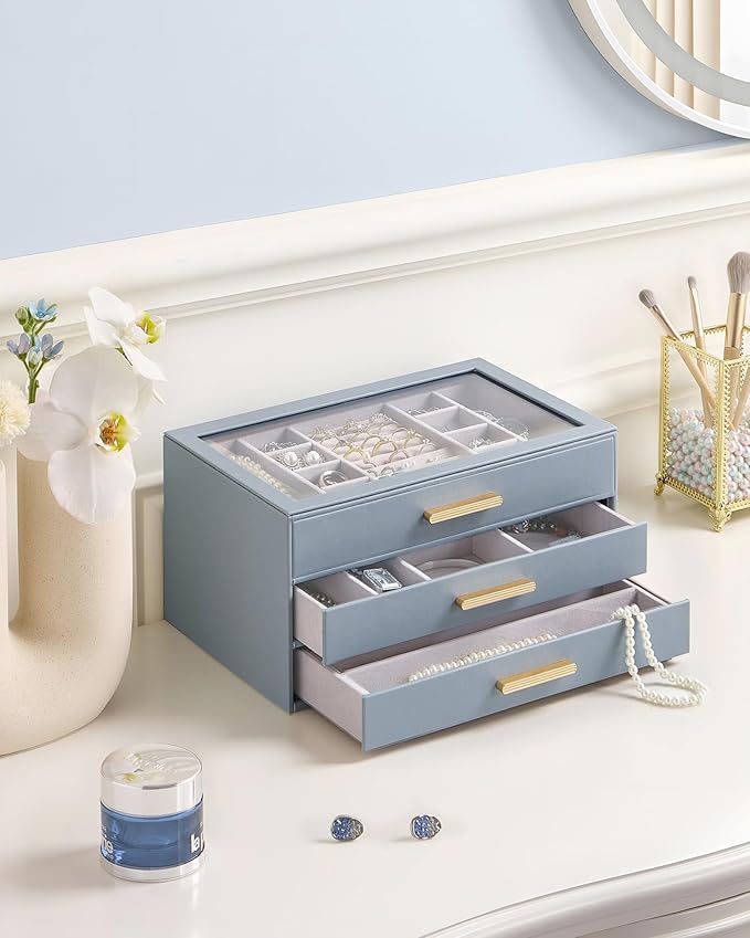 Lolalet Jewelry Box Organizer, 3-Layer Jewelry Organizers and Storage Case with Glass Lid, Ring Earring Bracelet Necklace Hol