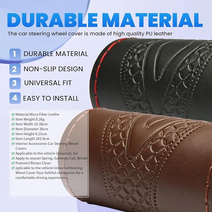DEEYOTA Car Steering Wheel Cover Universal Fit Round Stitch Steering Wheel Wrap Thin PU Leather Steering Wheel Cover Sewn on 