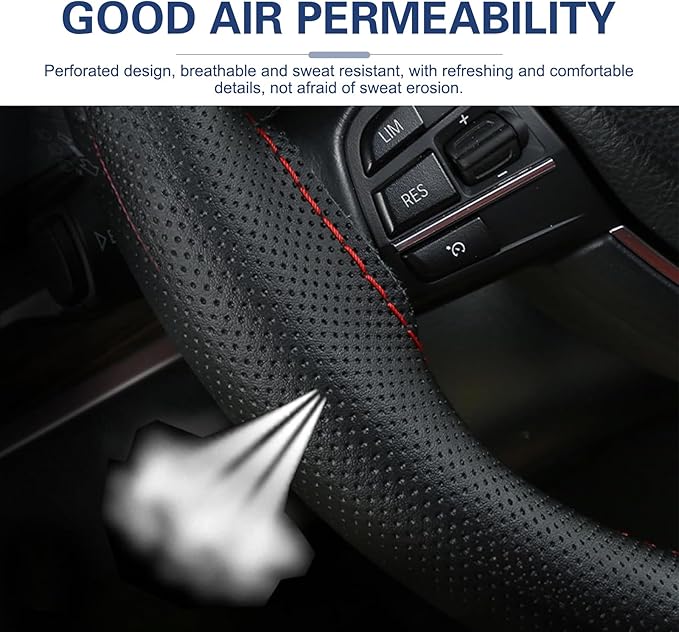 WZP Genuine Leather Steering Wheel Cover, Custom Stitch On Steering Wheel Wrap, Breathable Non-Slip Steering Wheel Protector 
