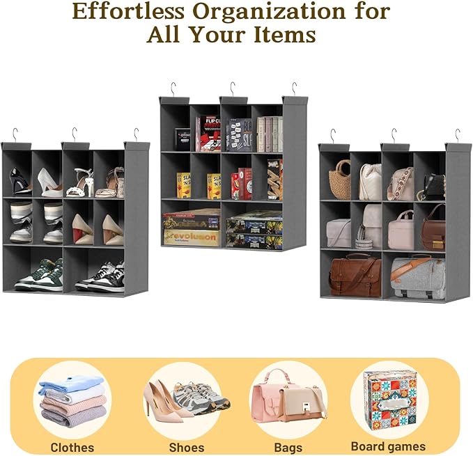 Ofiray-home 3 Tier Hanging Closet Organizer, 10 Compartments Sweater Organizer for Closet with 3 Sturdy Hooks, Closet Organiz