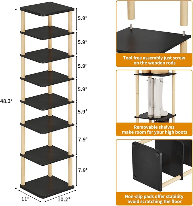 LUCKNOCK Vertical Shoe Rack, 8-Tier Tall Narrow Shoe Organizer for Entryway, Closet, Dorm & Small Spaces, Freestanding Wooden