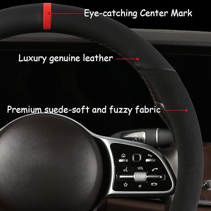 Suede Steering Wheel Cover with Upgraded Silicone Inner Ring, Anti Heat, Breathable, Anti-Slip, Leather Universal 14.5 to 15 