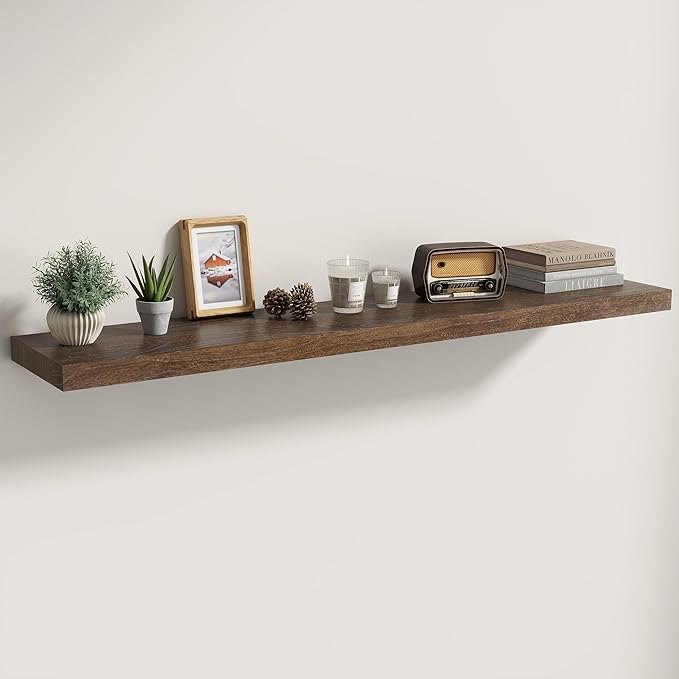 Fun Memories Solid Elm Wood Floating Shelves Set of 1-48 Inch Rustic Wall Shelves with Heavy-Duty Invisible Brackets - for Li