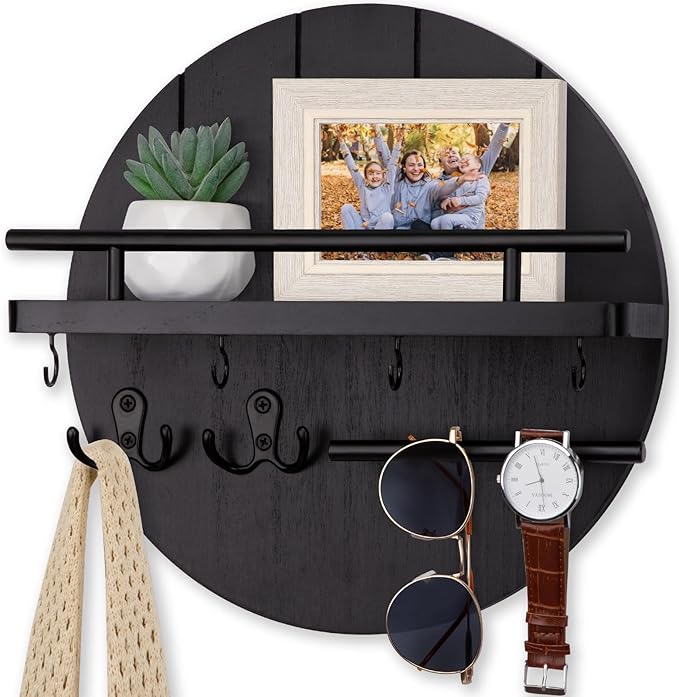 Nekon Rustic Key & Mail Organizer, Circular Wooden Key Hanger with 6 Hooks & Shelf - Wall Mount Entryway Hallway Kitchen (Bla