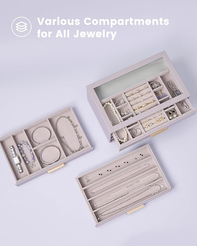 Lolalet Jewelry Box Organizer, 3-Layer Jewelry Organizers and Storage Case with Glass Lid, Ring Earring Bracelet Necklace Hol