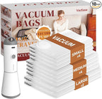 Vacbird Vacuum Storage Bags for Clothing Travel, 10 Pack Vacuum Bags with Rechargeable Cordless Air Pump(2 Large+4 Medium+4 S