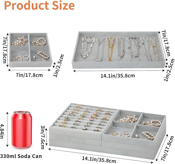 Fixwal Jewelry Organizers and Storage, 14in Stackable Jewelry Drawer Organizer, Set of 5 Jewelry Trays with Removable Divider