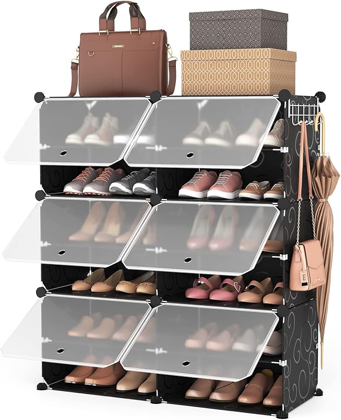 ROJASOP 6-Tier 24-Pair Expandable Shoe Rack Organizer with 2 Hooks, Black