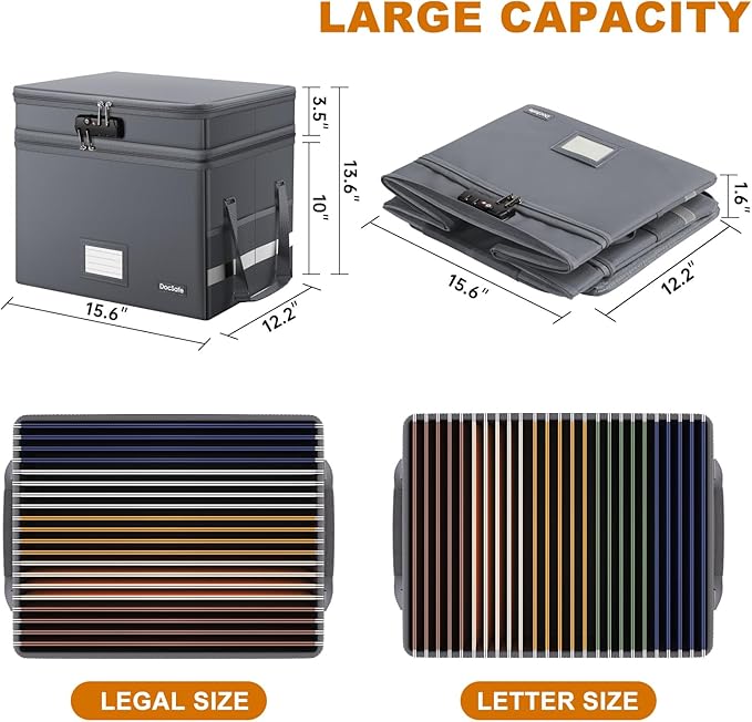 DocSafe File Box with Lock,Multi-Layer Fireproof Document Box Collapsible File Storage Organizer with Pockets/Handle,Large Po