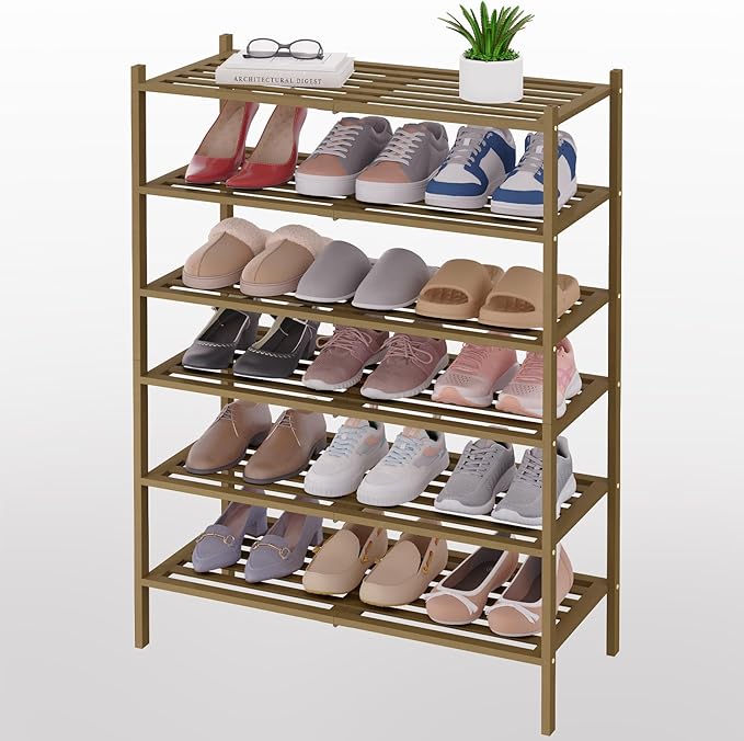 Smiry Bamboo Shoe Rack 6-Tier, Stackable Wooden Shoe Organizer for Entryway & Closet, Free Standing Wood Shoe Storage Shelf f