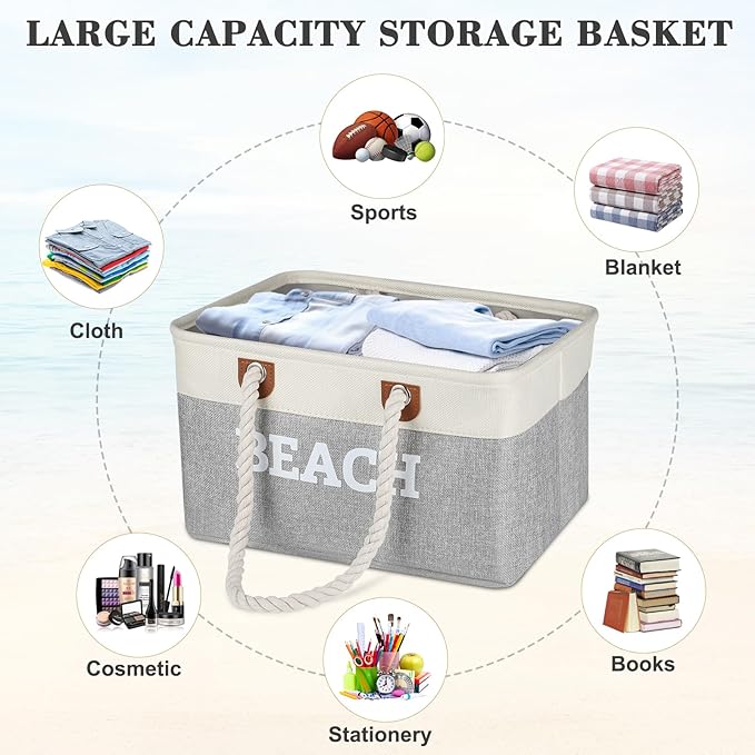 Lukeline Beach Towel Storage Bin and Organizer, Beach Bag Collapsible Storage Basket for Organizing, Large Storage Box with R
