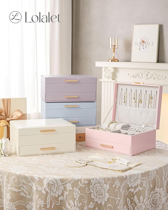 Lolalet 2-Layer Jewelry Box Organizer for Women Girls, Jewelry Storage Case Holder with Drawers for Necklaces Ring Earrings B