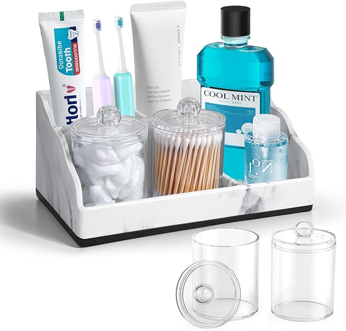 TuCao Marble Bathroom Countertop Organizer, Toothbrush Holders for Bathroom with 2PCS Qtip Holder Dispenser and Toothpaste Ho