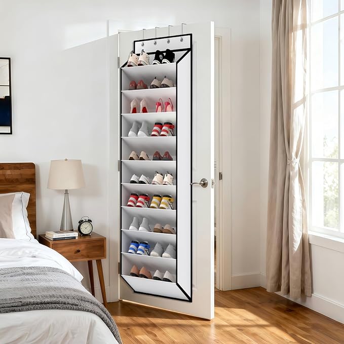 KEEPJOY 10 Tiers White Over Door Shoe Organizer Storage, Hanging Shoe Holder for Door with Large Deep Pockets, Fit 20-30 Pair