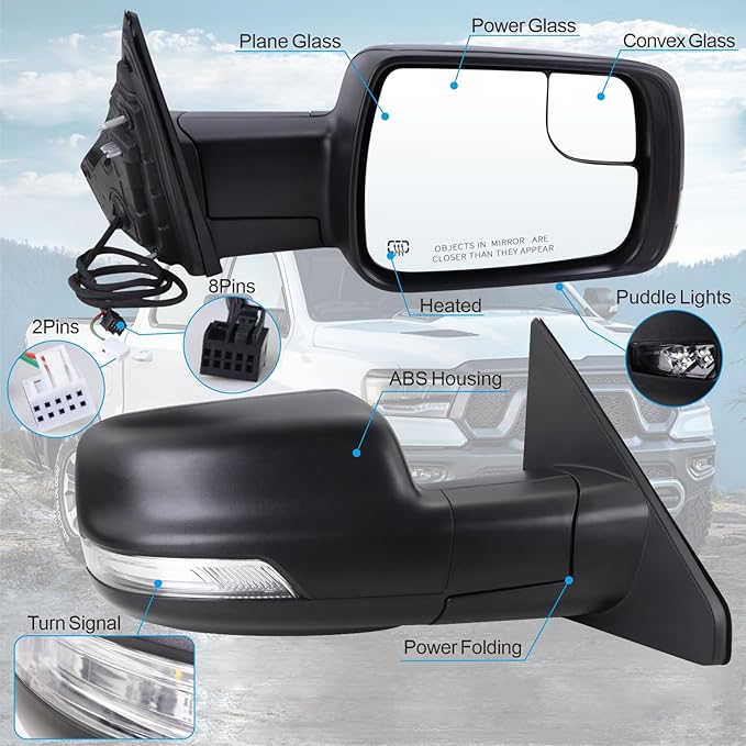 Right Passenger Side Mirror Compatible With 2019-2026 Ram 1500 With Power Folding Power Glass Heated Turn Signal Puddle Light Matte Black Replace#68276500AH (8+2Pins)