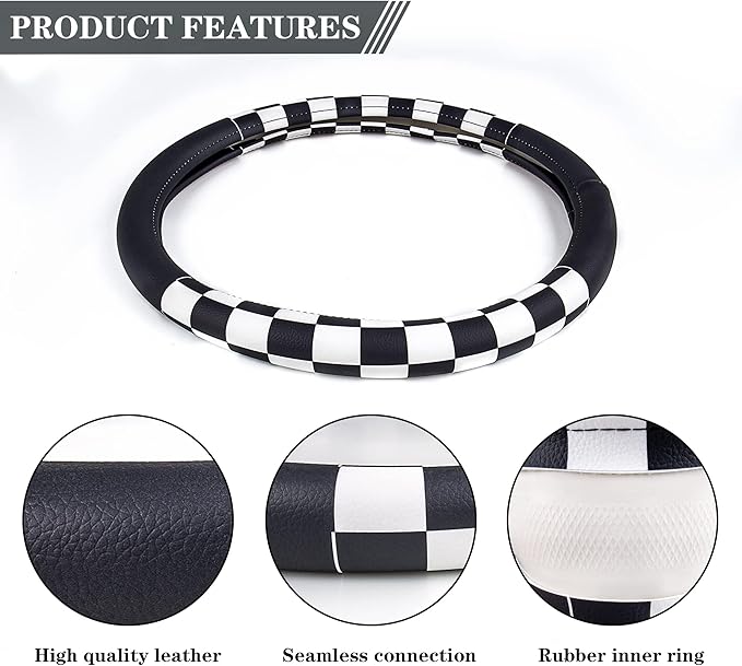 Evankin Lattice Leather Steering Wheel Cover, Black and White Checker Car Accessories, Non-Slip and Comfortable Unisex Univer