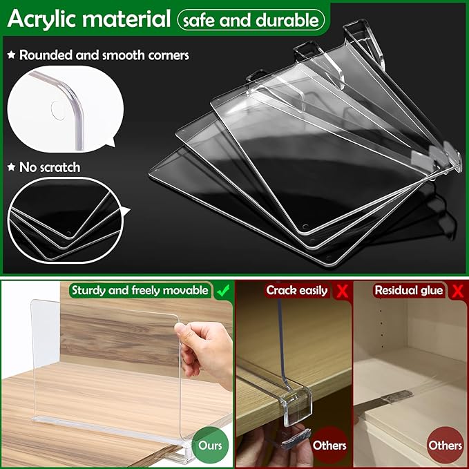 Consevisen Shelf Dividers for Closet Organization and Storage, 12 Pack Acrylic Clear Closet Shelf Dividers for Wood Shelves, 