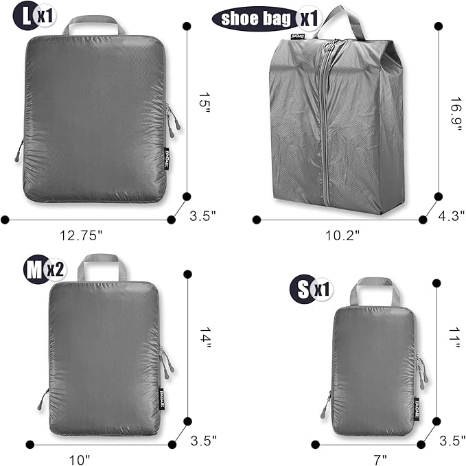 BAGAIL 5 Set Ultralight Compression Packing Cubes Travel Accessories Expandable Packing Organizers(Grey)