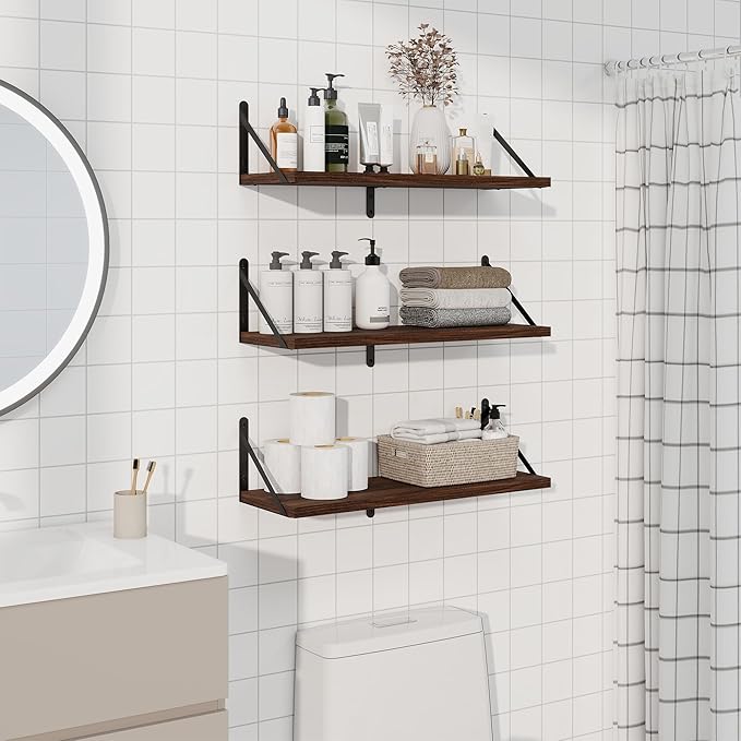 Shelves for Wall, Floating Bookshelves with Brackets, 24 inch Floating Shelves Set of 3, Wall Shelf for Kitchen, Bathroom, Be