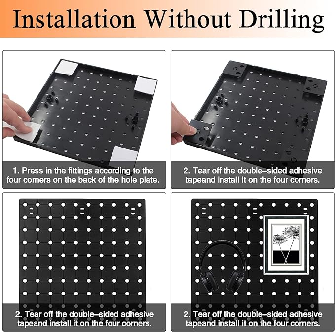 2 PCS Pegboard Wall Organizer, Self-Adhesive Peg Board Wall Panel Kits Pegboard Organizer and Storage Black Kits for Craft Ro