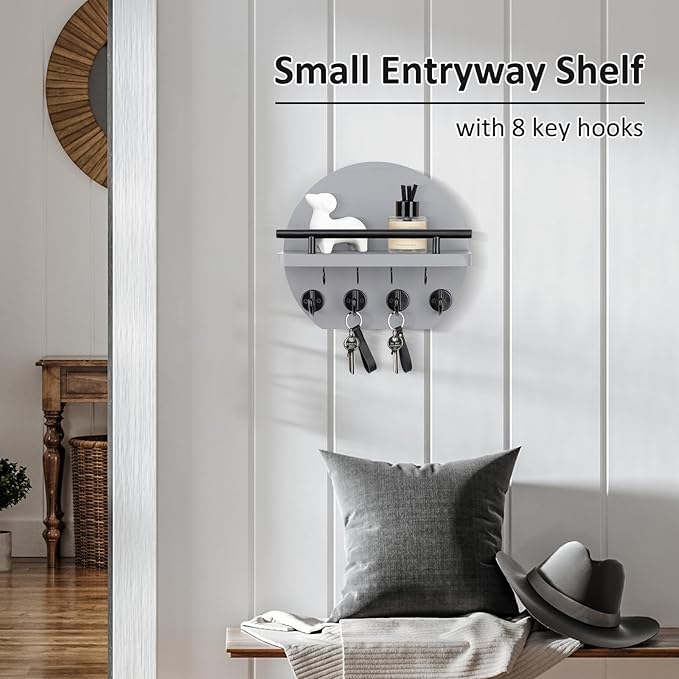 Nekon Key Holder for Wall - 9.8 Inch Apartment Wall Decor with Shelf and 8 Key Hooks, Circular Wood Key Hanger for Home Decor