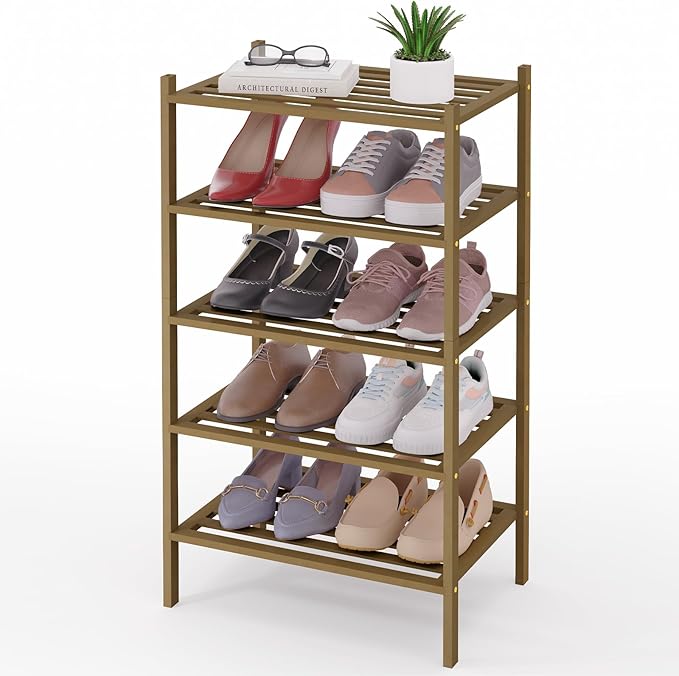 Smiry Small Bamboo Shoe Rack 5-Tier, Stackable Wooden Shoe Organizer for Entryway & Closet, Free Standing Wood Shoe Storage S