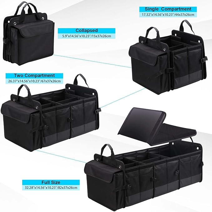 Large Trunk Organizer for Car, SUV, Truck with Removable Cooler Bag-Collapsible Multi Compartments w/Foldable Cover, Non Slip