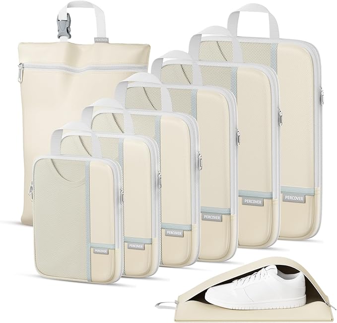 Percover Compression Packing Cubes 8-Piece Set, Packing Cubes Compression for Travel with Laundry Bag & Shoe Bag, Travel Orga