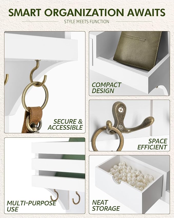 Rebee Vision Decorative Key Holder Wall Mount for Home Decor - Stylish Mail Organizer with 9 Key Hooks and Mini Drawer Organi