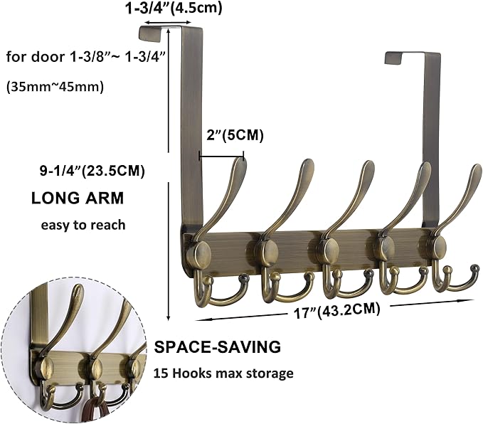Dseap Over The Door Hook Hanger - Fits 1 3/8" to 1 3/4" Standard Doors | 5 Tri Hooks Heavy Duty Towel/Coat Rack | Door Organi
