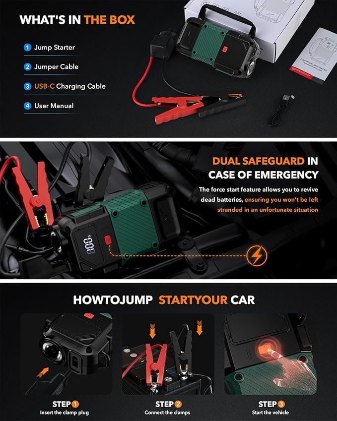 Portable Car Battery Jump Starter, 3000A - 12V Portable Jump Box for 6.0L Diesel & 8.0L Gas, Compact Battery Jump Pack, Extended Smart Jumper Cables Equipped, USB Outputs, and Lights