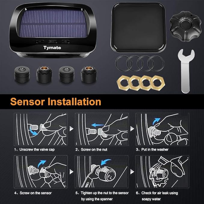 Tymate RV Tire Pressure Monitoring System - M12-3 Tire Pressure Monitor System (0-87 PSI) with Solar Charge, 5 Alarm Modes, Auto Sleep Mode, LCD Display, RV TPMS with 4 Sensors, Easy to Install